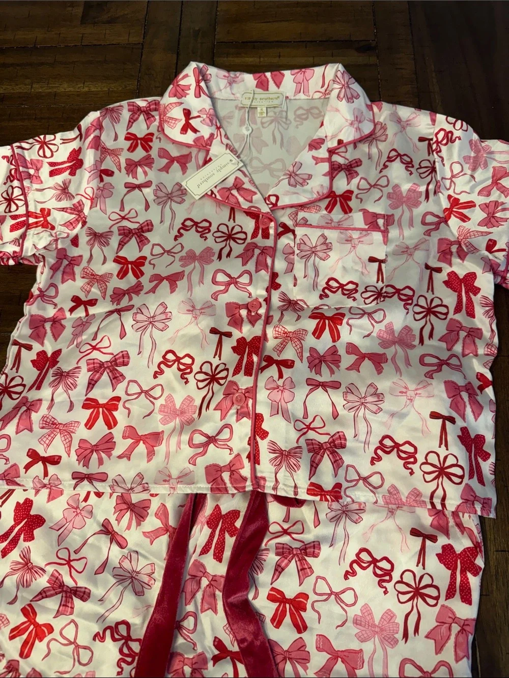 Simply Southern White Pajama Set with Pink and Red Bows Women’s Size Small